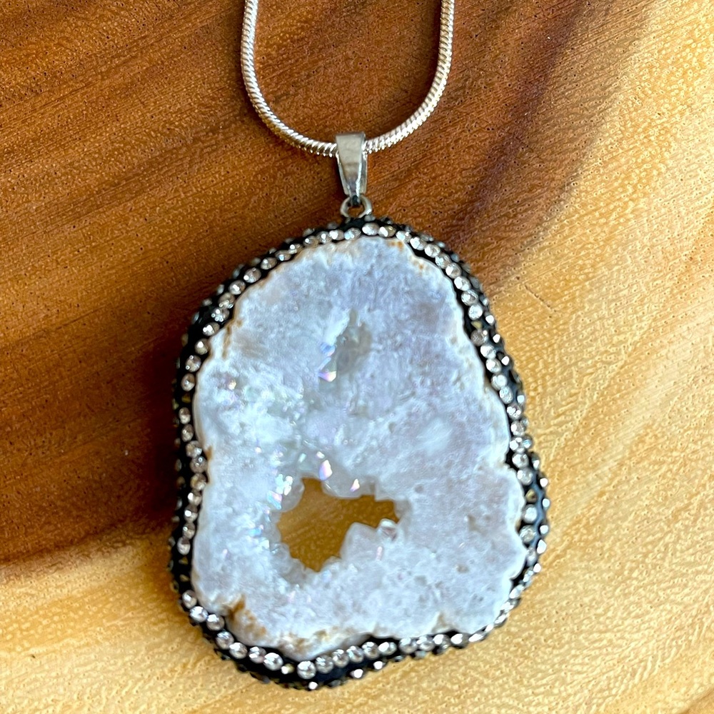 Druzy agate slice stone necklace with some bling